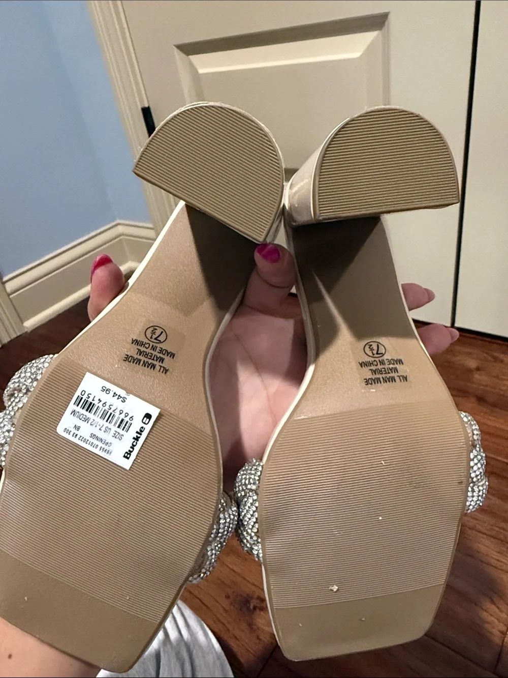 Buckle White Block Heel Sandals with Braided Crystal Strap